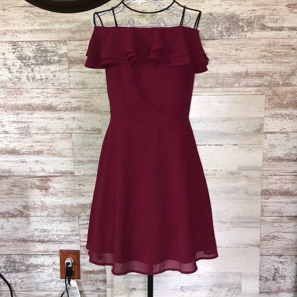 Lulus Win Your Heart Burgundy Ruffle Off-the-Shoulder Skater Dress size medium​​ - Picture 4 of 12
